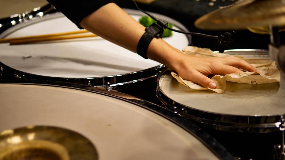 Rebecca the percussionist with clip on microphone