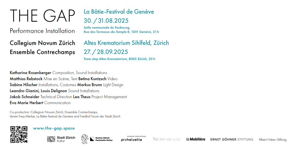 The image shows the back side of THE GAP flyer and lets know that the performance is on September 27 and 28 at the Alte Krematorium Sihlfeld in Zurich